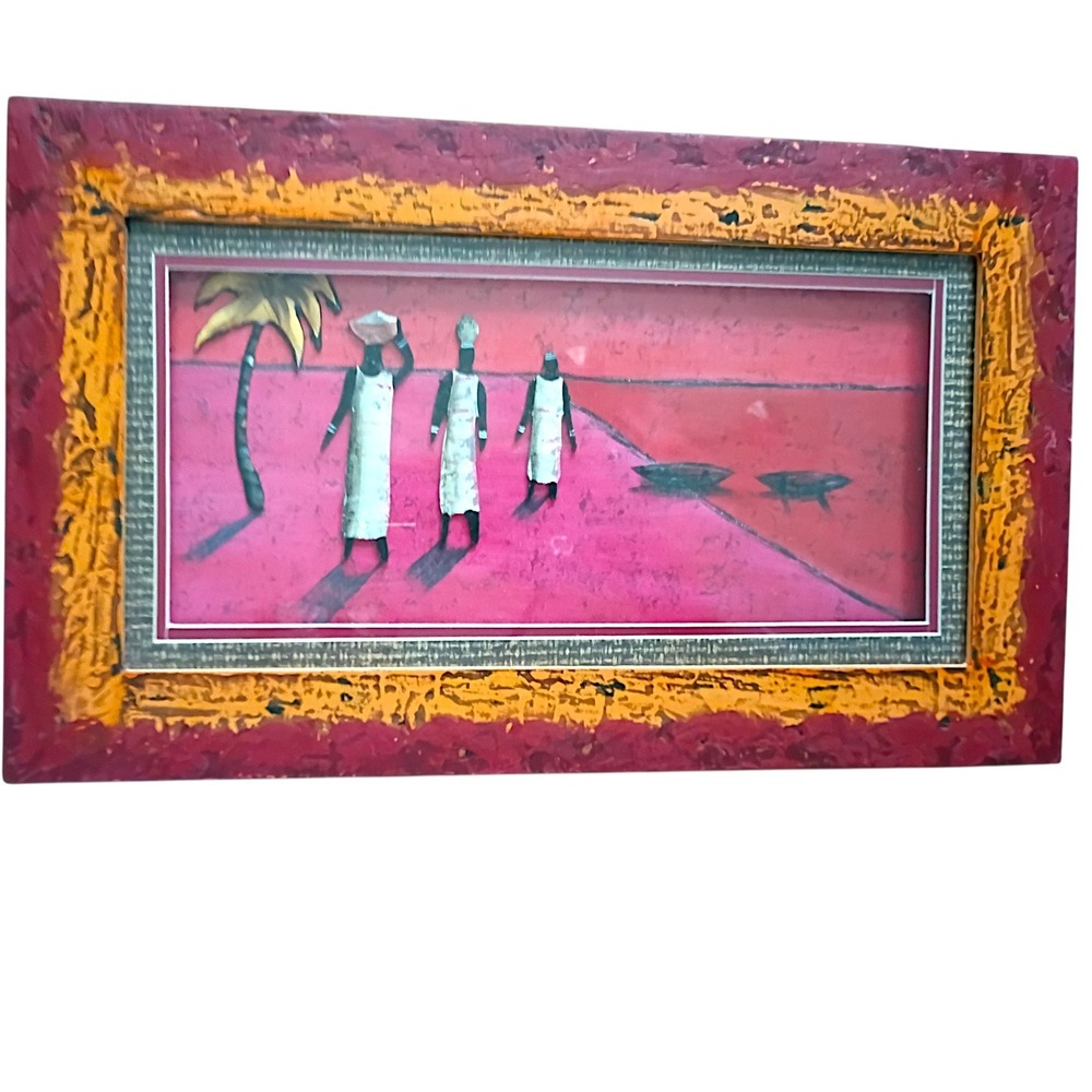African Folk Art 3D Mixed Media Shadowbox Framed Wall Decor Pink Red Orange